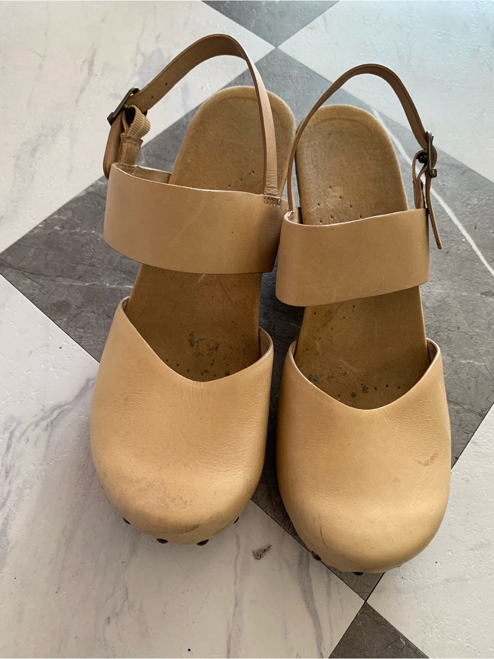 Dansko Beige Leather Clog Sandals with Slingback Strap